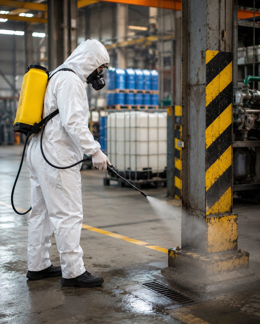 Técnico aplicando sanitización en bodega industrial